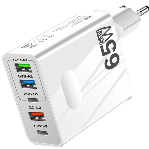 Incarcator Retea Timebox, 5 Porturi, 65W, 3 x USB, 2 x Type-C, QC 3, Alb - Default Title