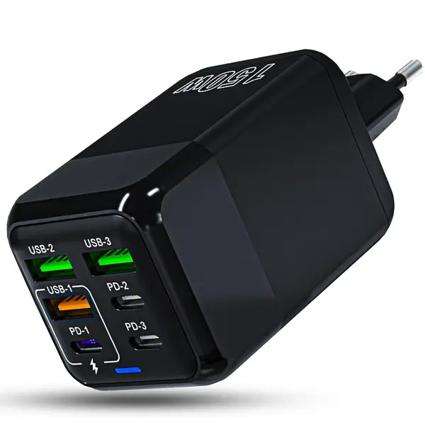 Incarcator Retea Timebox, 6 Porturi, 150W, 3 x USB, 3 x Type-C, LED, Negru - Default Title