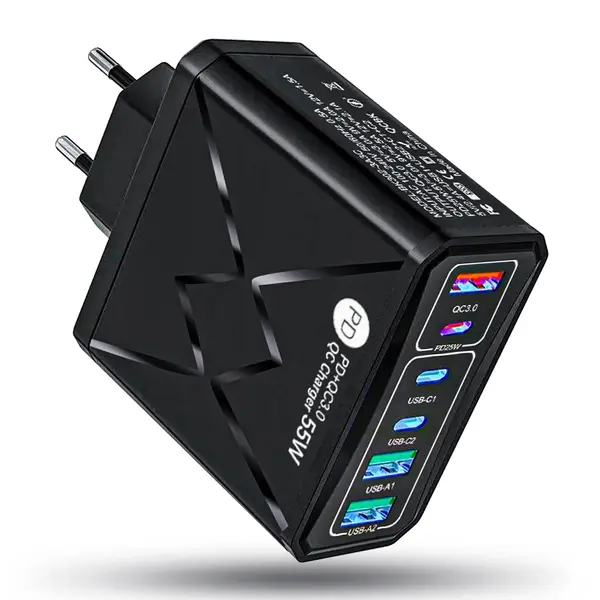 Incarcator Retea Timebox, 6 Porturi, 55W, 3 x Type-C, 2 x USB, 1 x Q, C 3, Negru - Default Title