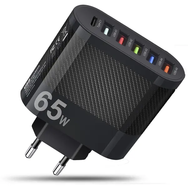 Incarcator Retea Timebox, 6 Porturi, 65W, 1 x Type-C, 5 x USB, Negru - Default Title