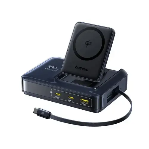 Incarcator retea tip statie Baseus Nomos NH21 5-in-1, 160W, Qi2 Wireless, 1 x USB, 3 x USB Type-C, cablu retractabil USB Type-C (Negru)