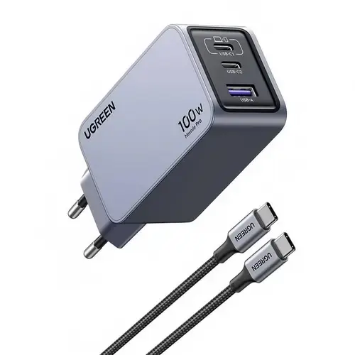 Incarcator retea Ugreen Nexode Pro 100W, GaN Mini, 2x USB-C, 1x USB-A, cu cablu USB-C inclus, Gri