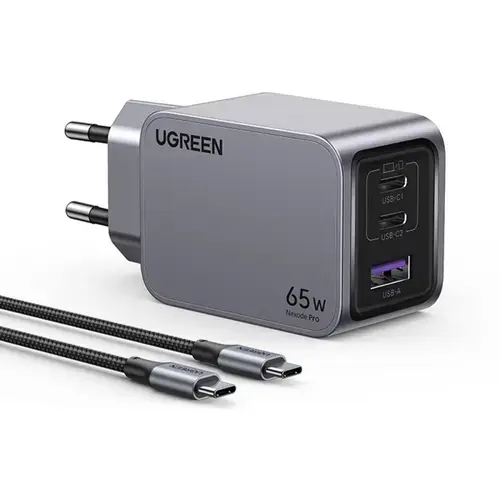 Incarcator Retea UGREEN X755 Nexode Pro, 65W, 3A, 1 x USB-A - 2 x USB-C (Gri)