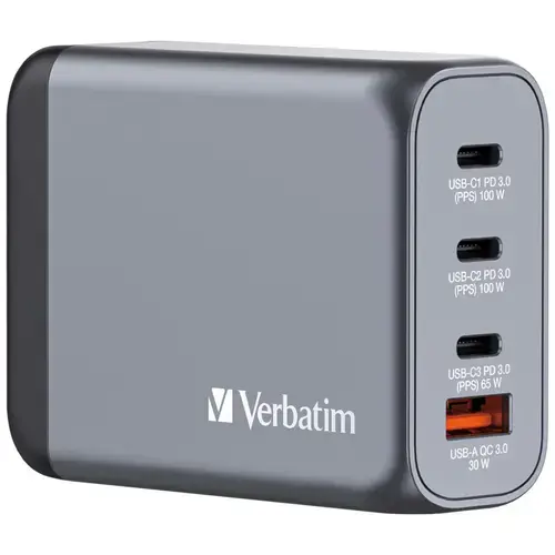 Incarcator retea Verbatim GaN GNC-100, 100 W, 3 x USB Type-C, 1 x USB-A (Negru/Gri)