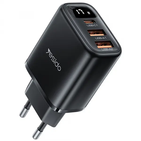 Incarcator Retea Yesido YC67 Display, 17W, 2.4A, 1 x USB-C - 2 x USB-A, Negru
