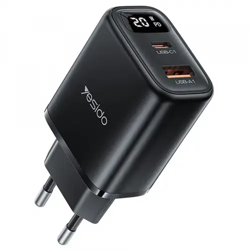 Incarcator Retea Yesido YC68, 20W Display, 3A, 1 x USB-A - 1 x USB-C (Negru)