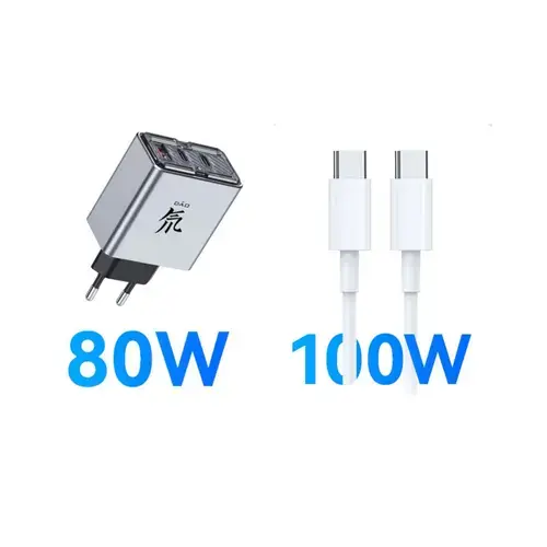 Incarcator retea ZTE PA0214E, 80W GaN, cablu 100W, 2 x USB-C, 1 x USB, Gri
