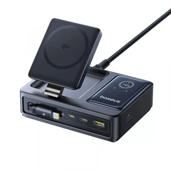 Incarcator Statie Baseus Nomos QI 5in1, 140W, 5A, 1 x USB-A - 2 x USB-C, Negru P10178800123-00