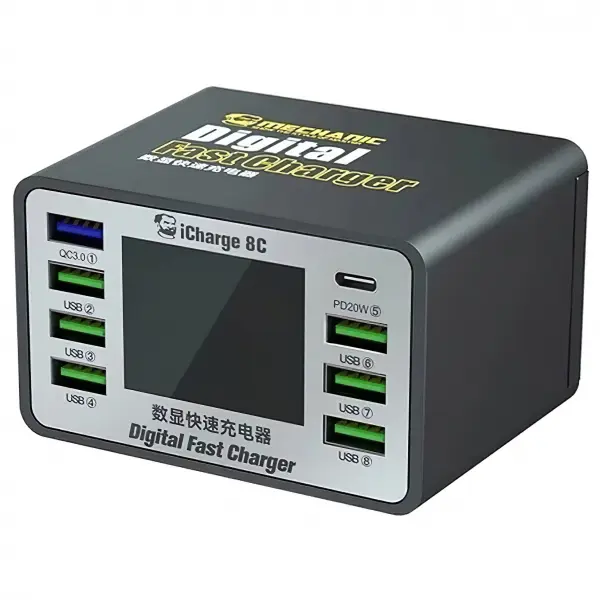Incarcator Statie Mechanic 8C with Display, 50W, 3A, 7 x USB-A - 1 x USB-C, Negru