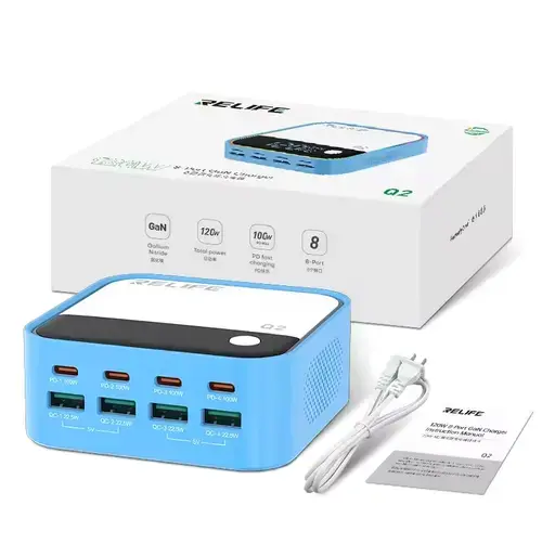 Incarcator Statie Relife Q2, 120W, 5A, 4 x USB-A - 4 x USB-C (Albastru)