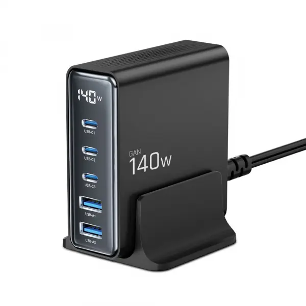 Incarcator Statie Tech-Protect DC140W, 140W, 3A, 2 x USB-A - 3 x USB-C, Negru