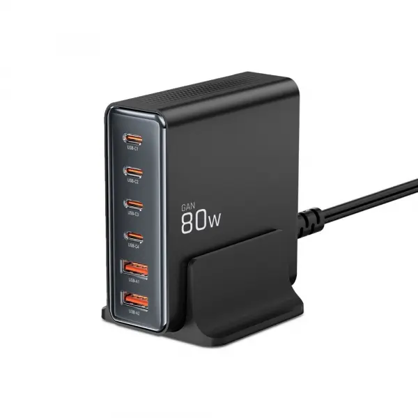 Incarcator Statie Tech-Protect DC80W, 80W, 3A, 2 x USB-A - 4 x USB-C, Negru