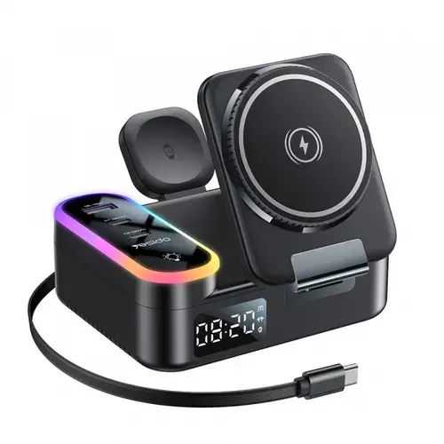 Incarcator Statie Wireless Yesido DS38 Display QI 3in1, 65W, 3A, 1 x USB-A - 2 x USB-C (Negru)