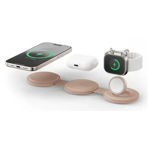 Incarcator Wireless 3 in 1 pliabil Qi2 Satechi ST-QTG31R, pentru dispozitivele Apple, Magsafe, Statie de incarcare pentru Iphone, AppleWatch, AirPods, Samsung, OnePlus (Roz)
