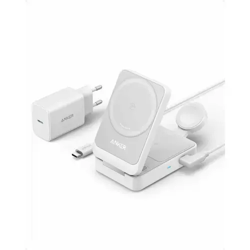 Incarcator wireless magnetic Anker MagGo 3-in-1, 15W, MagSafe compatibil, Qi2 Certificat, Pliabil, incarcator si cablu USB-C inclus (Alb)
