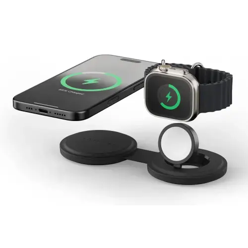 Incarcator Wireless Satechi ST-QTG21K 2 in 1 pliabil Qi2, pentru dispozitivele Apple, Magsafe, Statie de incarcare pentru Iphone, AppleWatch, AirPods, Samsung, OnePlus (Negru)