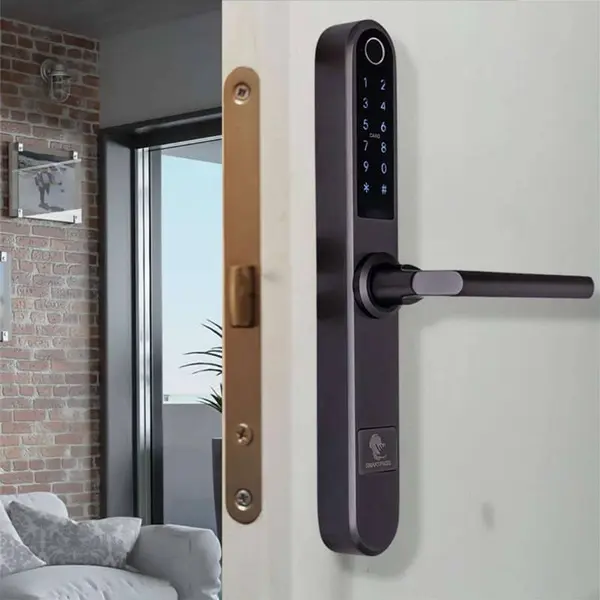 Incuietoare smart MONACO TITAN pentru usa lemn sau PVC, pentru casa/hoteluri, amprenta, cod PIN, card RFID, Bluetooth, WiFi, cheie mecanica si control vocal Alexa, SMP-MONACO-1TT-TI