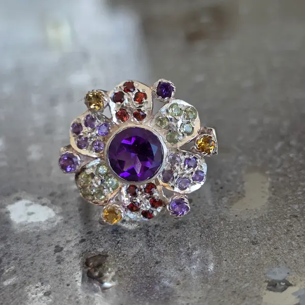 Inel argint ametist, granat, citrin, peridot | FLOWER