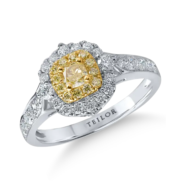 Inel clasic din aur alb-galben cu diamante galbene si incolore de 0.92ct