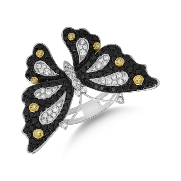 Inel cu fluture din aur alb cu diamante de 2.63ct si safire galbene de 0.24ct