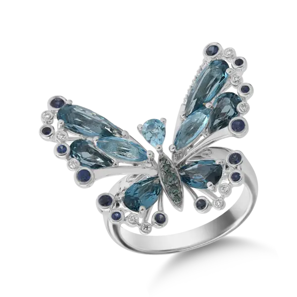 Inel cu fluture din aur alb cu pietre pretioase si semipretioase de 4.9ct