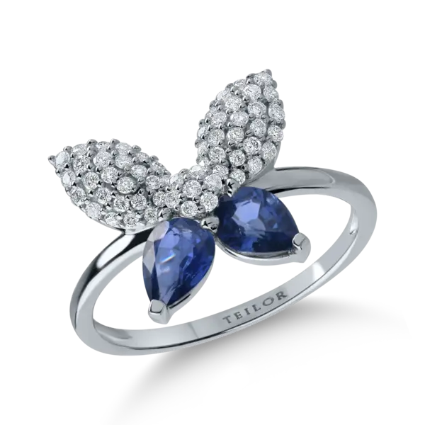 Inel cu fluture din aur alb cu safire pear de 1.02ct si diamante de 0.28ct