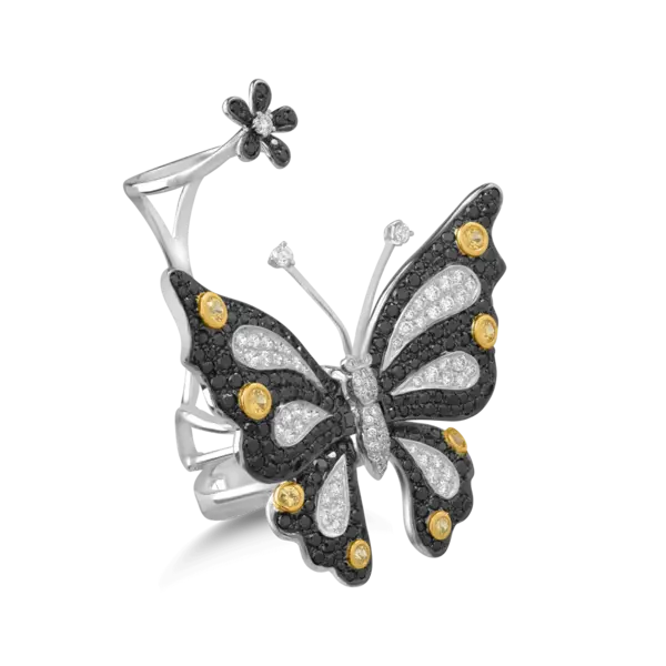 Inel cu fluture si floare din aur alb cu pietre pretioase de 3.53ct