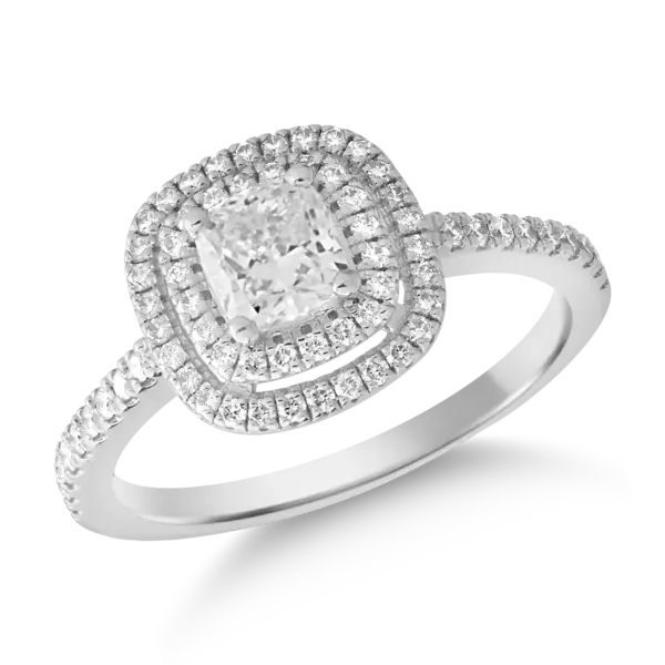 Inel de logodna din aur alb cu diamant cushion de 0.9ct si diamante de 0.3ct