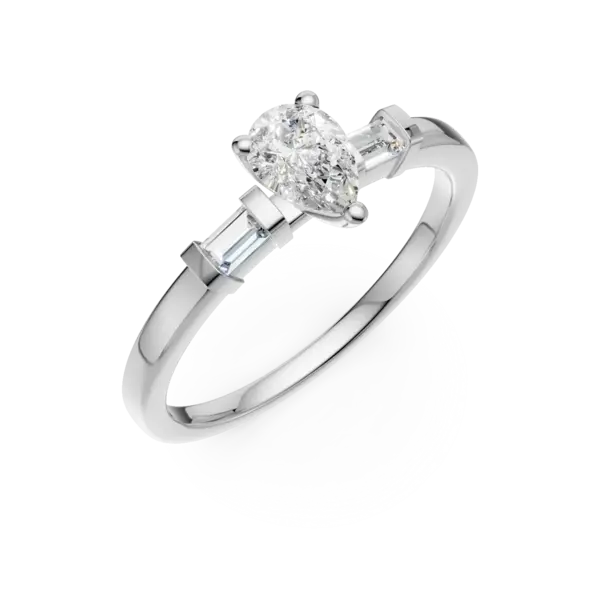 Inel de logodna din aur alb cu diamant pear de 0.4ct si diamante baguette de 0.08ct