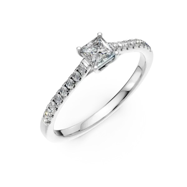 Inel de logodna din aur alb cu diamant princess de 0.3ct si diamante de 0.1ct