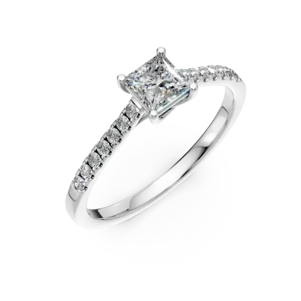 Inel de logodna din aur alb cu diamant princess de 0.4ct si diamante de 0.1ct