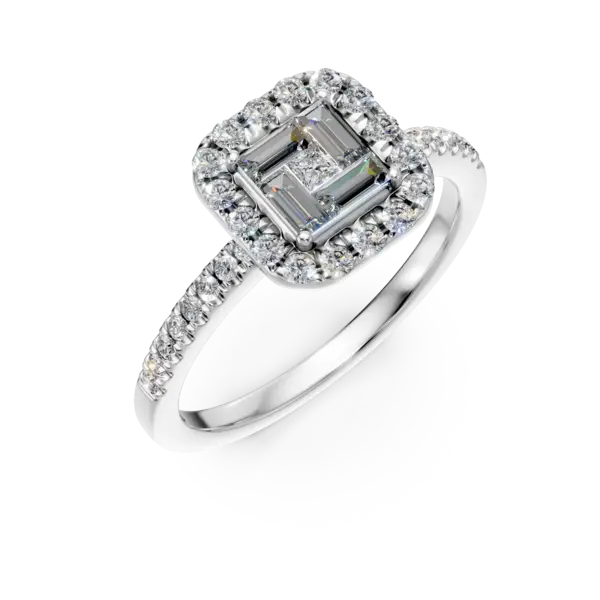 Inel de logodna din aur alb cu diamante baguette, princess si rotunde de 0.28ct
