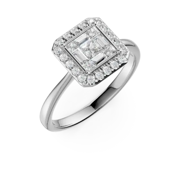 Inel de logodna din aur alb cu diamante princess, baguette si rotunde de 0.4ct
