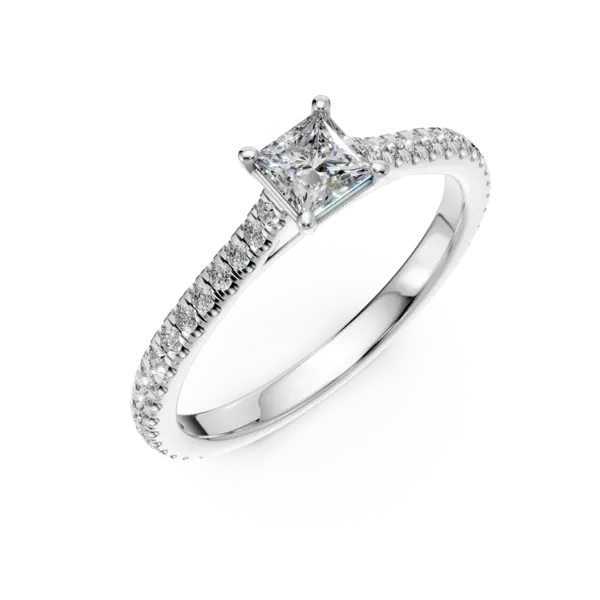 Inel de logodna din aur alb cu un diamant princess de 0.3ct si diamante de 0.1ct
