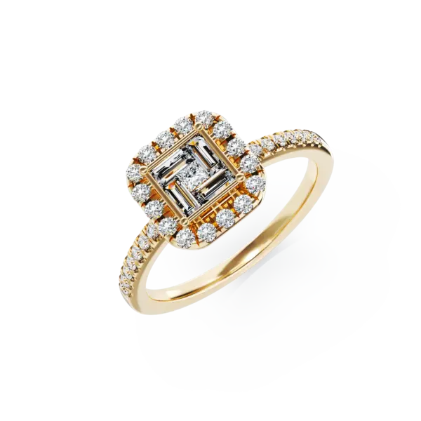 Inel de logodna din aur galben cu diamante baguette, princess si rotunde de 0.4ct