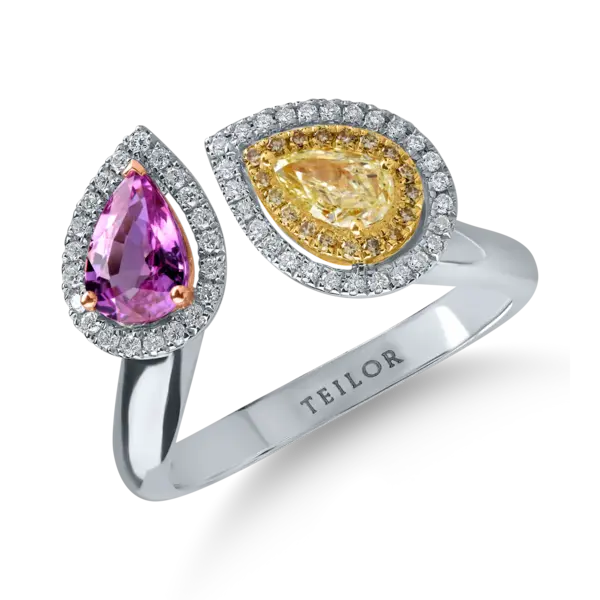 Inel deschis din aur alb cu diamant fancy galben pear de 0.3ct, safir roz de 0.8ct si diamante galbene si incolore de 0.1ct