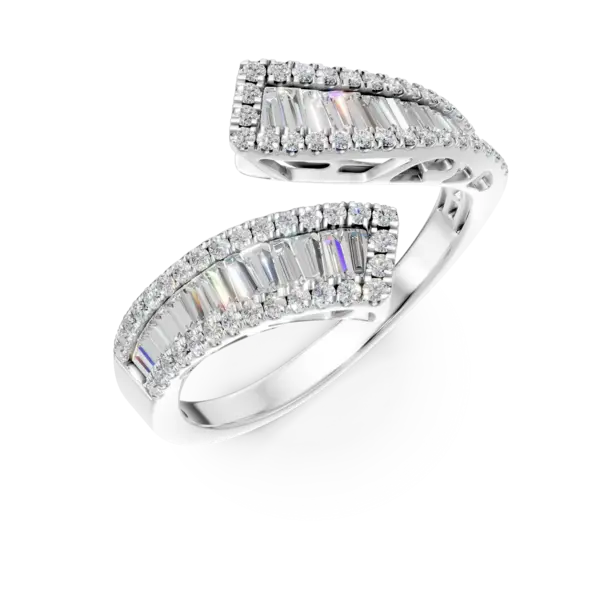 Inel deschis din aur alb cu diamante baguette si rotunde de 0.94ct