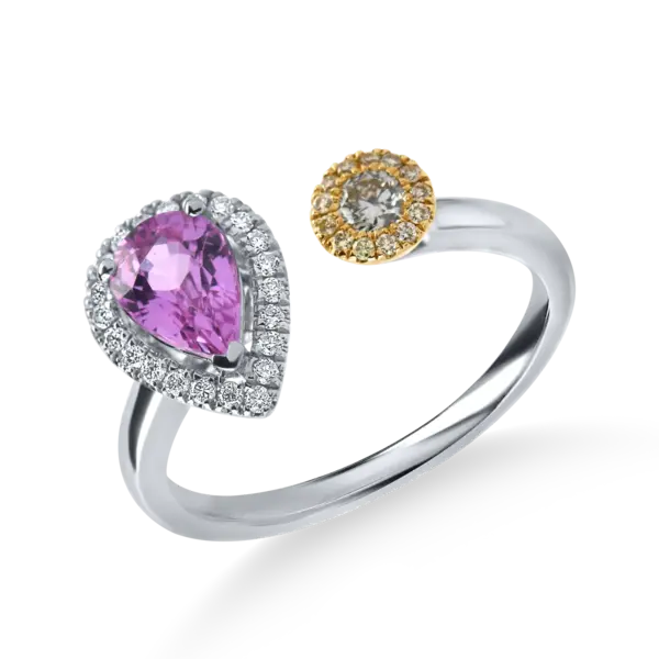 Inel deschis din aur alb cu diamante si safir roz pear de 1.1ct