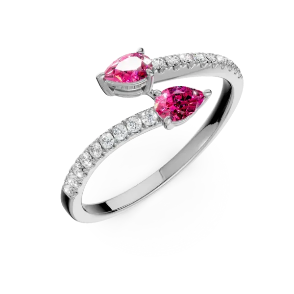 Inel deschis din aur alb cu rubine pear de 0.3ct si diamante de 0.1ct