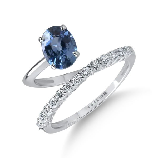 Inel deschis din aur alb cu safir albastru de 1.5ct si diamante de 0.31ct