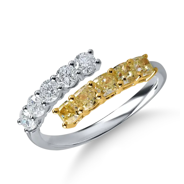 Inel deschis din aur alb-galben cu diamante galbene cushion si diamante incolore de 1.39ct