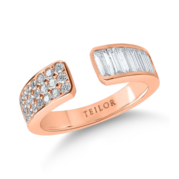 Inel deschis din aur roz cu diamante baguette si rotunde de 0.9ct