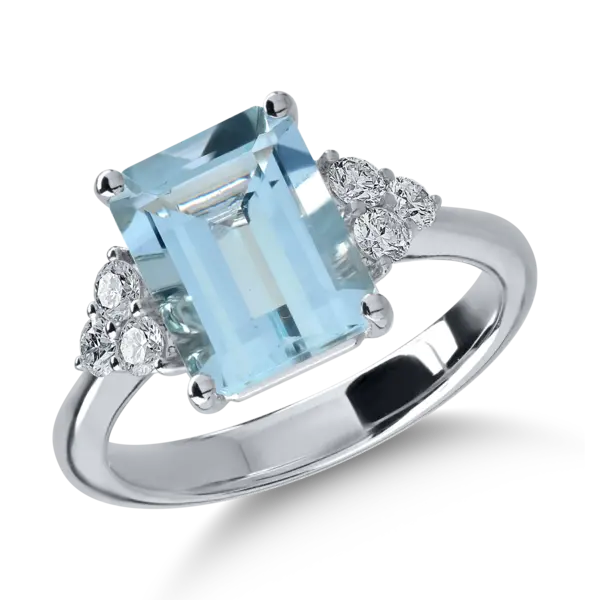 Inel din aur alb cu acvamarin octogonal de 3.2ct si diamante de 0.3ct