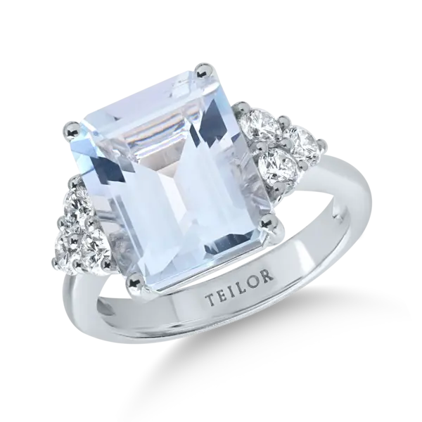 Inel din aur alb cu acvamarin octogonal de 4.2ct si diamante de 0.6ct