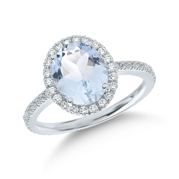 Inel din aur alb cu acvamarin oval de 2.2ct si diamante de 0.5ct