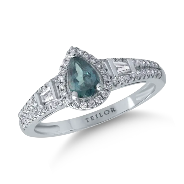 Inel din aur alb cu alexandrit pear de 0.6ct si diamante de 0.3ct