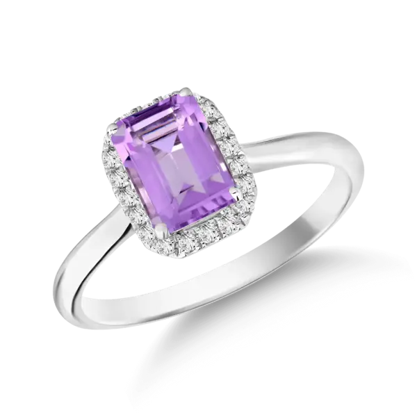 Inel din aur alb cu ametist emerald de 0.8ct si diamante de 0.1ct