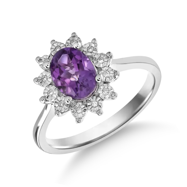Inel din aur alb cu ametist oval de 1ct si diamante de 0.03ct