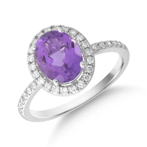 Inel din aur alb cu ametist oval de 2.1ct si diamante de 0.2ct