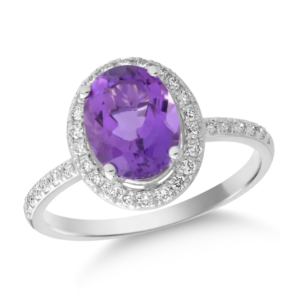 Inel din aur alb cu ametist oval de 2ct si diamante de 0.2ct